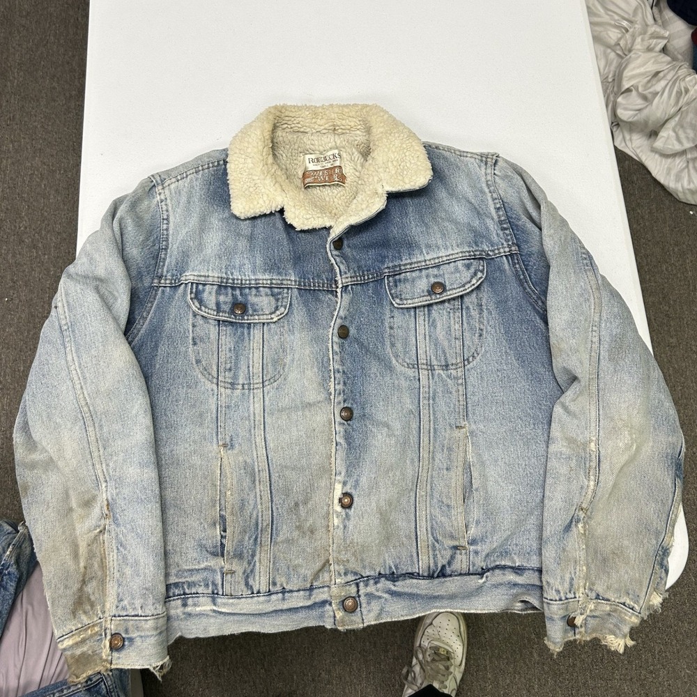 Roebucks Denim Jacket Mens 44 Blue Sherpa Lined Distressed Vintage Sears E3